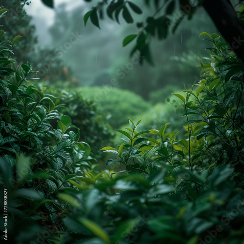 Serene Rainy Day in Lush Tea Garden