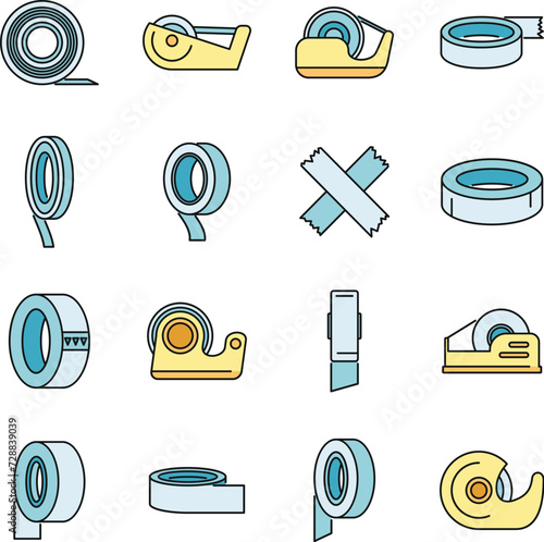 Scotch tape office icons set. Outline set of scotch tape office vector icons thin line color flat on white