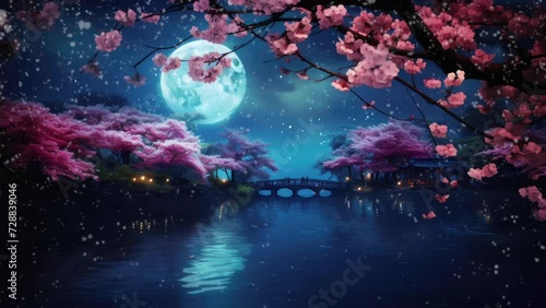 Cherry blossoms at night illuminated by moonlight,full moon,seamless looping time-lapse virtual video animation background photo