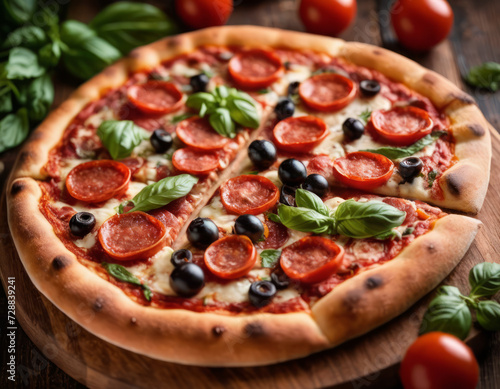 Delicious Pizza with Pepperoni, Olives and Basil