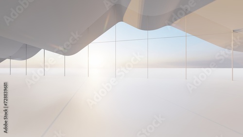 Architecture interior background empty room with panoramic windows 3d render