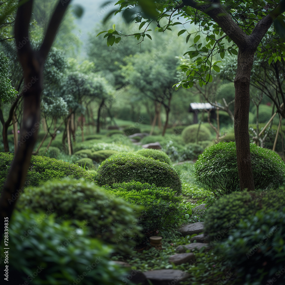 Fototapeta premium Serene Tea Garden Pathway Surrounded by Lush Greenery