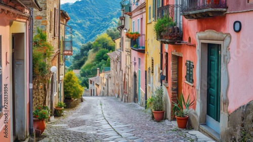  a cobblestone street with potted plants on either side of it and a view of a mountain range in the distance on the other side of the street.