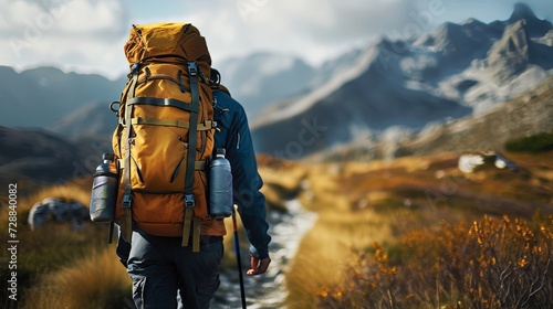 traveler with backpack in the mountains photo