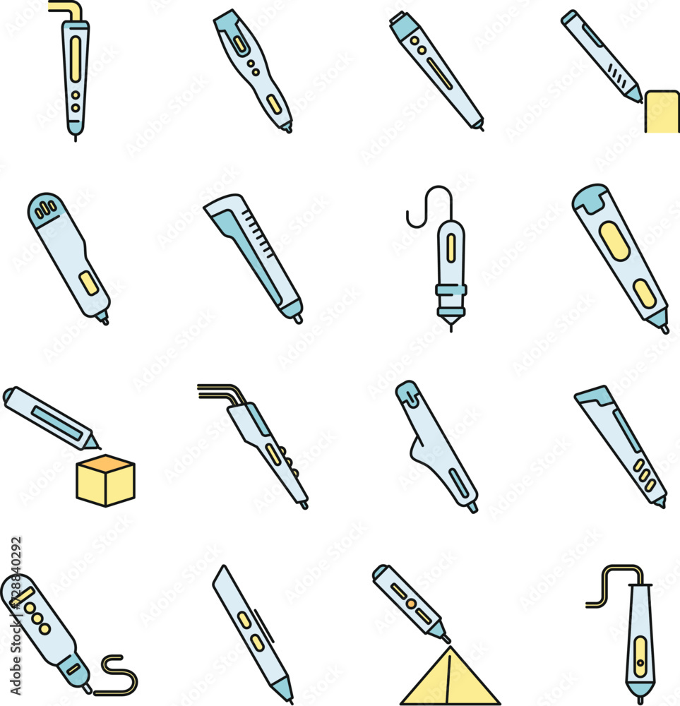 3d pen model icons set. Outline set of 3d pen model vector icons thin line color flat on white 3d pen model icons set. Outline set of 3d pen model vector icons thin line color flat on white