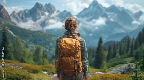  a woman with a backpack stands on a trail in front of a mountain range with pine trees and tall, evergreen - covered mountains in the distance, with clouds in the foreground.