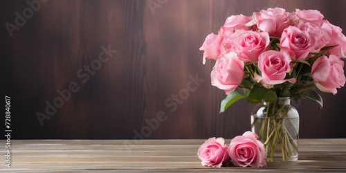 Bouquet of pink roses in a glass vase on a wooden background. Generative AI © 22_monkeyzzz