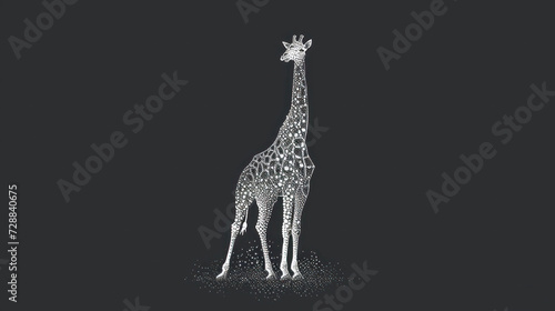  a black and white drawing of a giraffe standing in the dark with it's head above the top of the giraffe as it's neck.