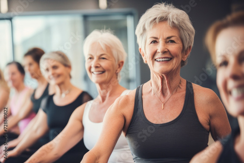 The women, who are wearing workout clothes, are all smiling and appear happy, healthy, and full of energy as they engage in their fitness routine in the gym