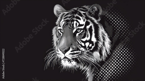  a black and white photo of a tiger's face on a black background with a half - circle pattern around the tiger's face and half - length of the tiger's head.