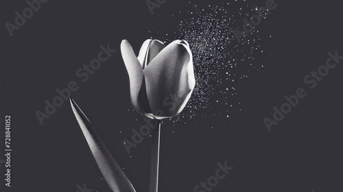 a black and white photo of two tulips sprinkled with water on a black background with a splash of water on the top of the tulip. #728841052