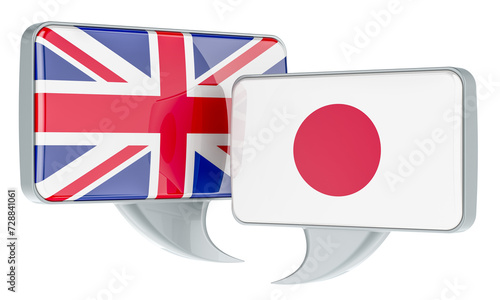 English-Japanese conversation concept. Speech balloons with British and Japanese flags. 3D rendering isolated on transparent background