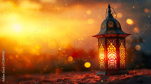 Ramadan kareem with golden moon and lantern