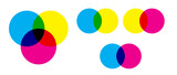 Scheme color. CMYK color mixing model with overlapping cyan, magenta and yellow circles. PNG