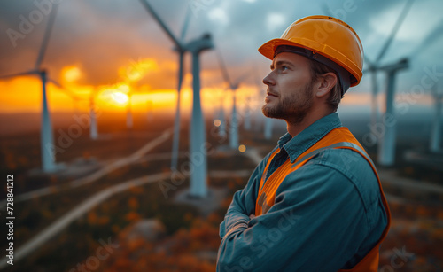 Wind energy engineer Industrial workers tablet sunset, teamwork optimizing turbines, teamwork in ecological innovation, teamwork in green technology implementation, concept Wind energy green power