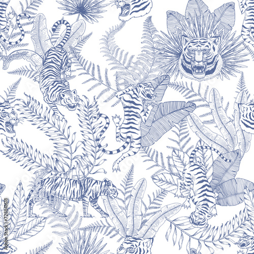 Japanese tigers with tropical leaves. Toile de jouy jungle. Wild animal with green plants. Banner or poster for advertising or web.