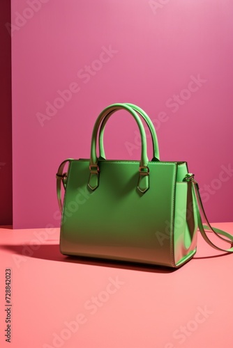 Chic Green Handbag on Pink Backdrop. advertising design ideas, fashion
