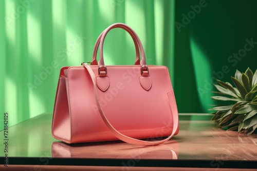 Stylish women's pink handbag on a table. side view. mock up