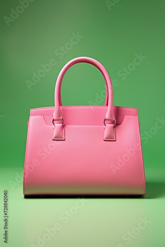women's pink handbag on a light green surface. advertising design ideas