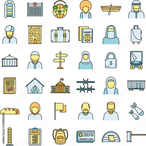 Africa illegal immigrants icons set. Outline set of africa illegal immigrants vector icons thin line color flat on white