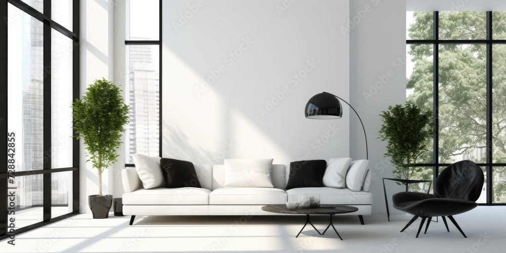 Contemporary minimalist interior design featuring black and white furniture, white walls, and large windows.