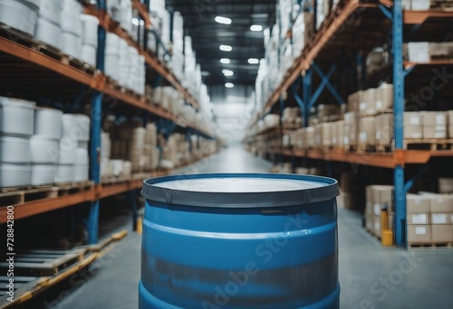 Blue barrel drum on the pallets contain liquid chemical in warehouse prepare for delivery to custome