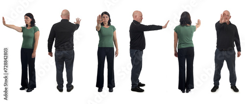 various poses of the same woman and same man showing stop sign on white background