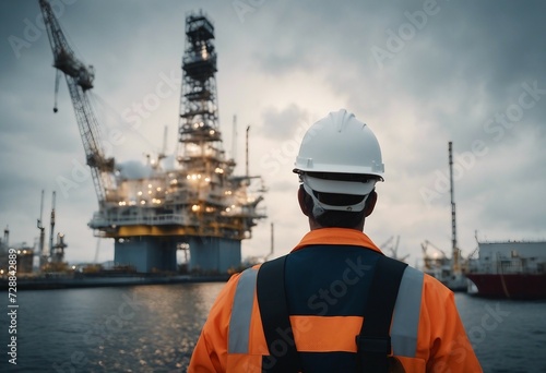 Close up of Offshore oil rig worker walks to an oil and gas facility to work in the process area