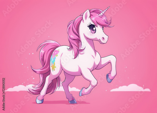 Cartoon little unicorn on pink background