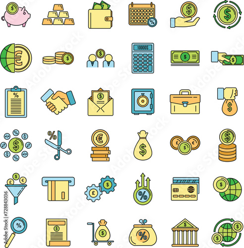 Credit union bank icons set. Outline set of credit union bank vector icons thin line color flat on white