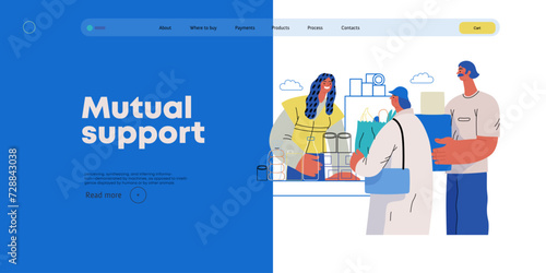 Mutual Support: Bringing groceries to food bank -modern flat vector concept illustration of people donating food to food pantry A metaphor of voluntary, collaborative exchanges of resource, services