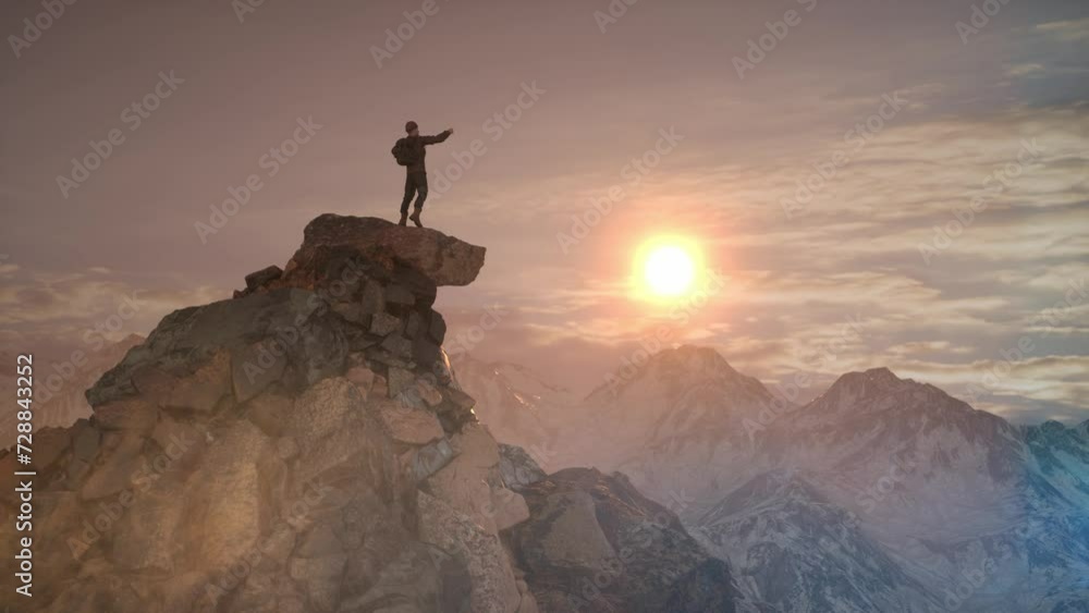 man on the rock adventure man hiker standing on top of rocky cliff aerial landscape 3d render man on the rock adventure man hiker standing on top of rocky cliff aerial landscape 3d render