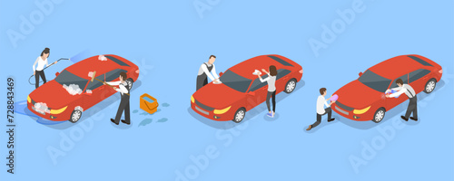 3D Isometric Flat Vector Illustration of Car Washing, Professional Cleaning Services
