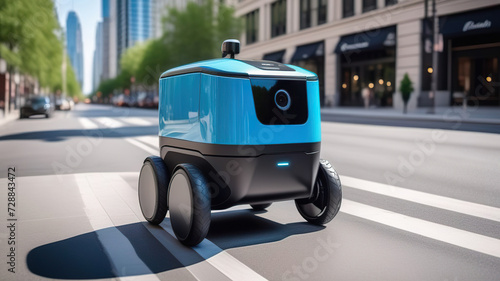 Delivery robot on city streets on a sunny day. Autonomous device for delivery of goods, parcels, mail. Generated AI photo