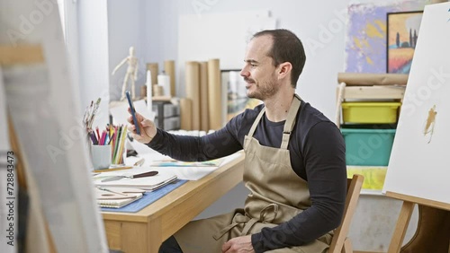 Smiling bearded artist taking a break in a well-lit studio, phone in hand, surrounded by creative supplies. photo