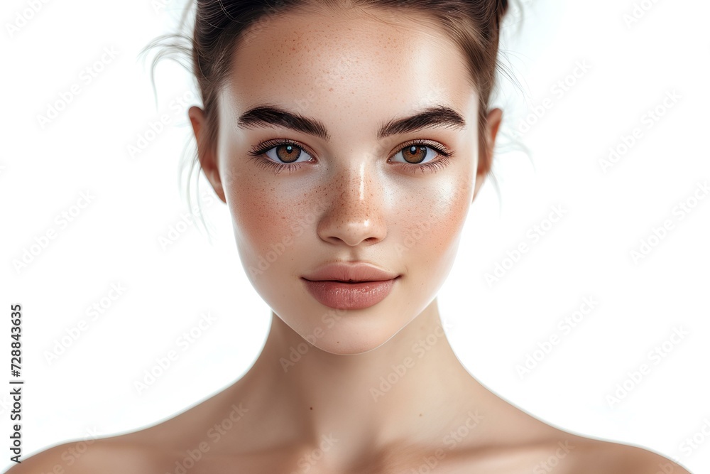 portfolio shot of 25 years old female model with perfect skin, brown sleek hair bun, symmetrical, brown eyes, no makeup, relaxed face, open forehead, isolated on the white background. generative AI portfolio shot of 25 years old female model with perfect skin, brown sleek hair bun, symmetrical, brown eyes, no makeup, relaxed face, open forehead, isolated on the white background. generative AI