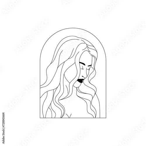 Portrait of a beautiful girl with half face, framed, Line art, logo