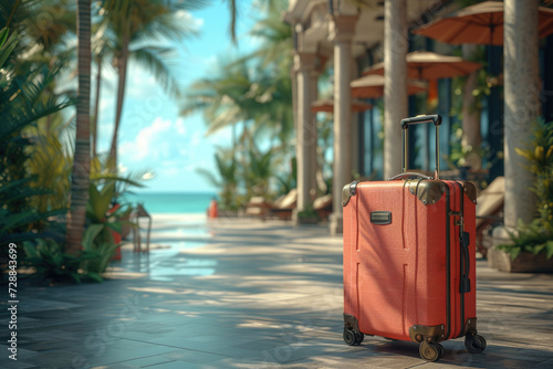 suitcase on the floor in a luxurious hotel lobby with palm trees. © P