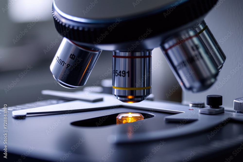 close-up of a microscope with a slide. The slide is stained, and there are cells visible under the lens close-up of a microscope with a slide. The slide is stained, and there are cells visible under the lens