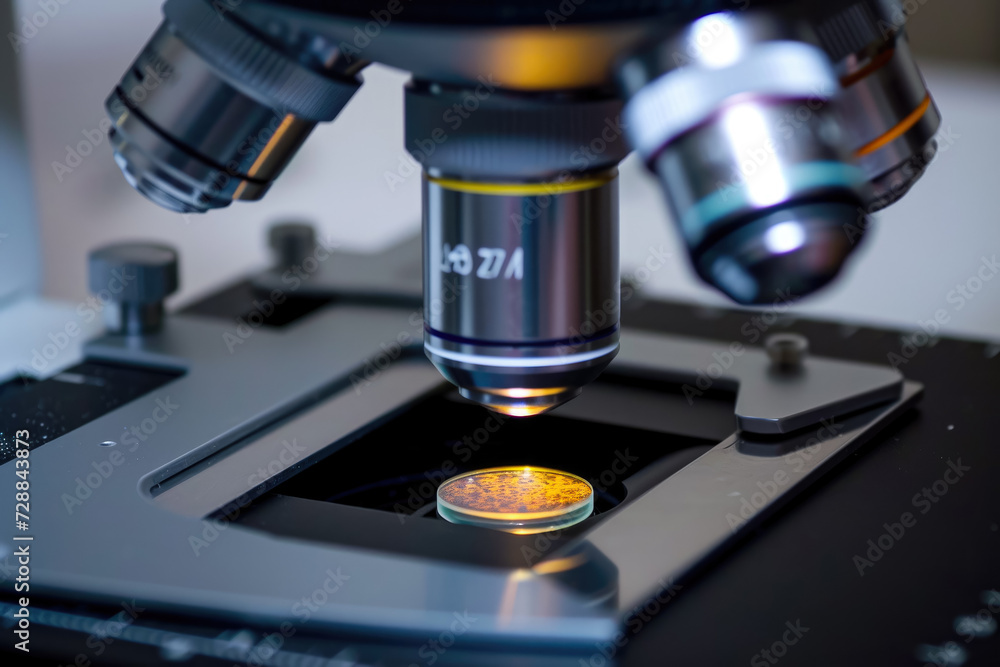 close-up of a microscope with a slide. The slide is stained, and there are cells visible under the lens close-up of a microscope with a slide. The slide is stained, and there are cells visible under the lens
