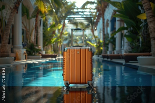 Orange suitcase by the pool in a tropical hotel atrium. © P