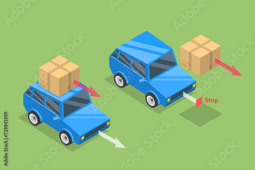 3D Isometric Flat Vector Illustration of Newtons First Law Motion, Educational Physic Example