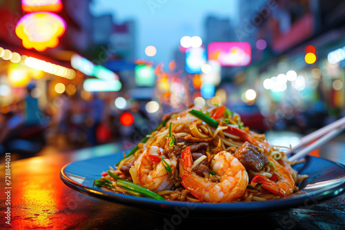 close-up shot of a plate of crispy fried rice noodles, with shrimp, beef, and vegetables on top