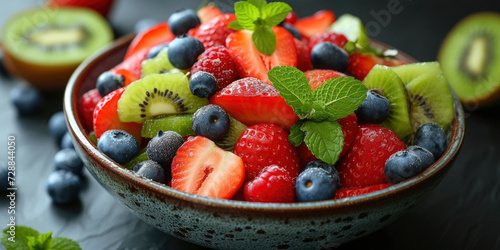 Fresh fruit salad with strawberries  blueberries and kiwi in a bowl.