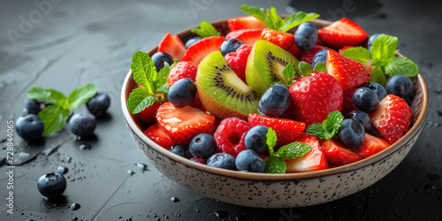 Fresh fruit salad with strawberries, blueberries and kiwi in a bowl. photo
