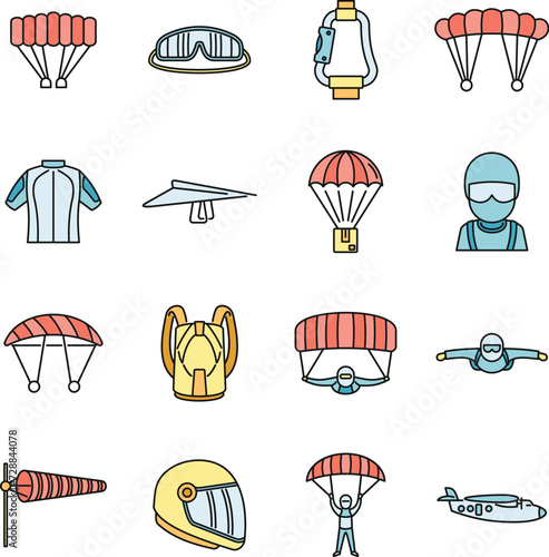 Fly parachuting icons set. Outline set of fly parachuting vector icons thin line color flat on white