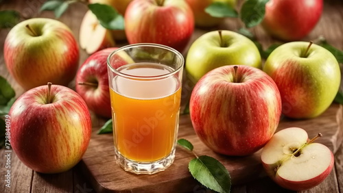 A glass of apple juice surrounded by green and red apples, some whole and some sliced, on a wooden surface.