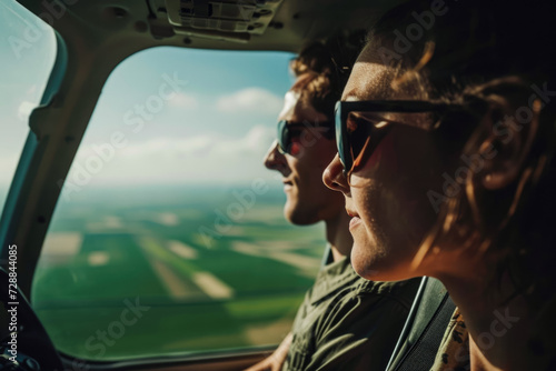 couple on a plane flying over the countryside, wearing sunglasses and looking out the window