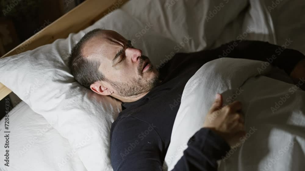 A bald hispanic man with a beard appears in discomfort lying in bed in a dark bedroom at night, symbolizing insomnia or illness. A bald hispanic man with a beard appears in discomfort lying in bed in a dark bedroom at night, symbolizing insomnia or illness.
