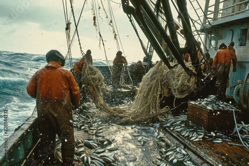 group of fishermen are on a large fishing vessel